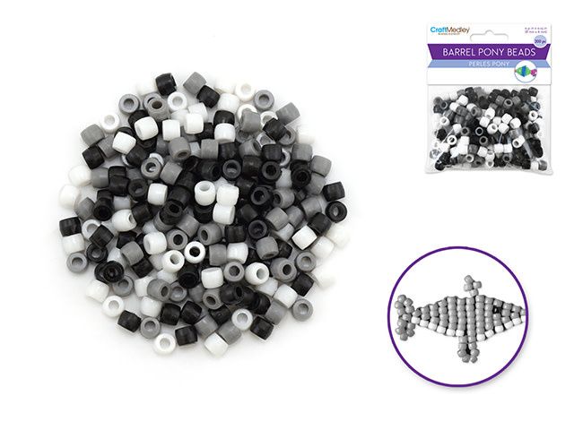 CraftMedley 8x6mm Pony Beads Barrel Color Mix Black and White 200pc