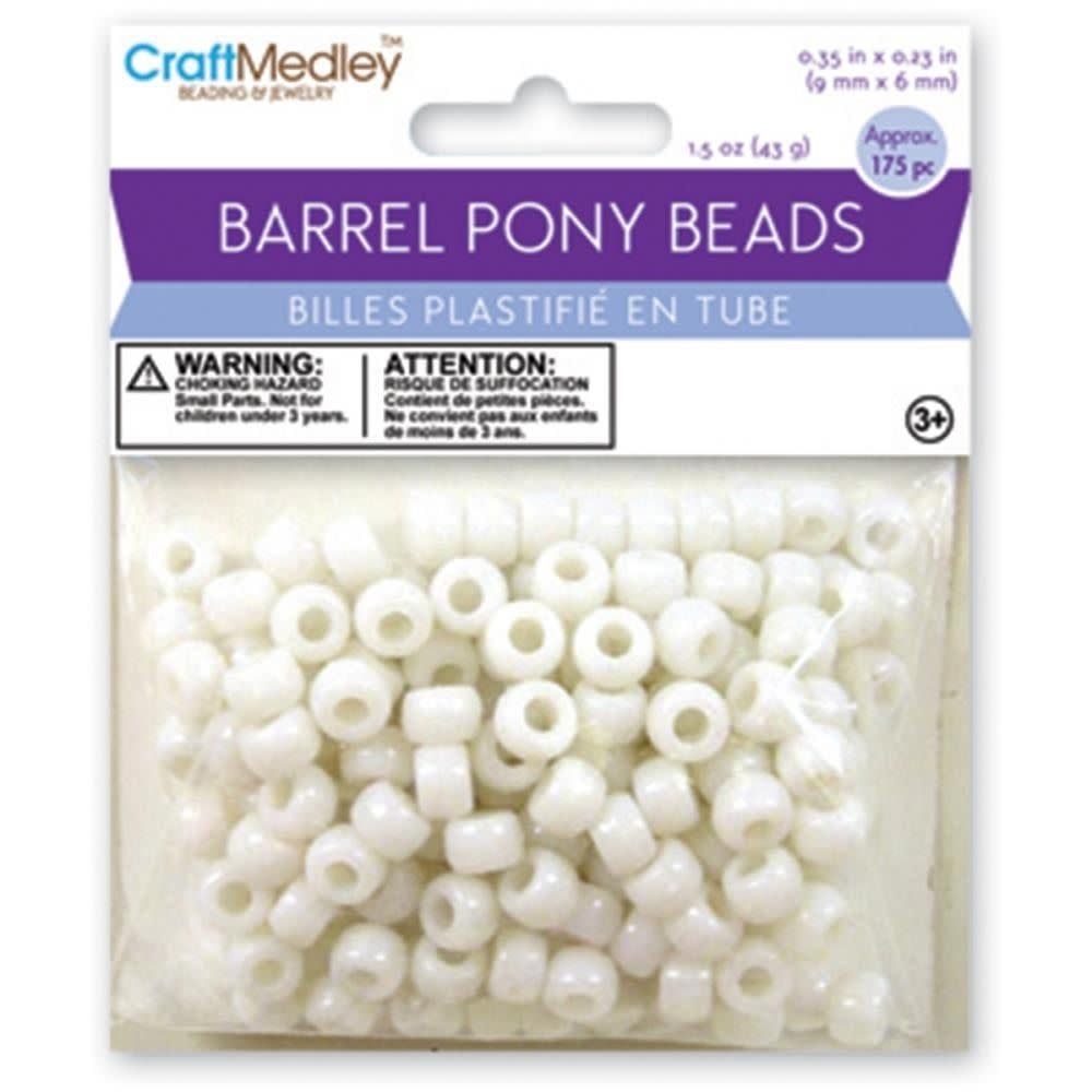 CraftMedley Barrel Pony Beads 9x6mm White 175pc