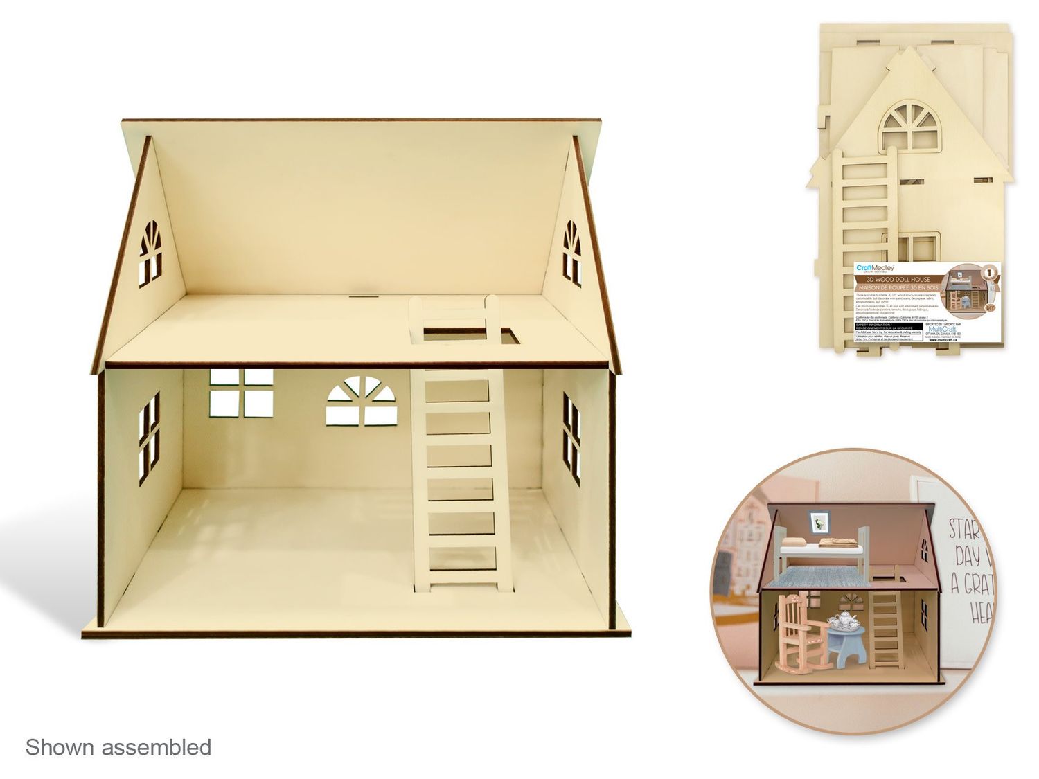 MultiCraft Wood Craft 7.1x10.6x9.8in DIY 3D Doll House Structure Open Roof