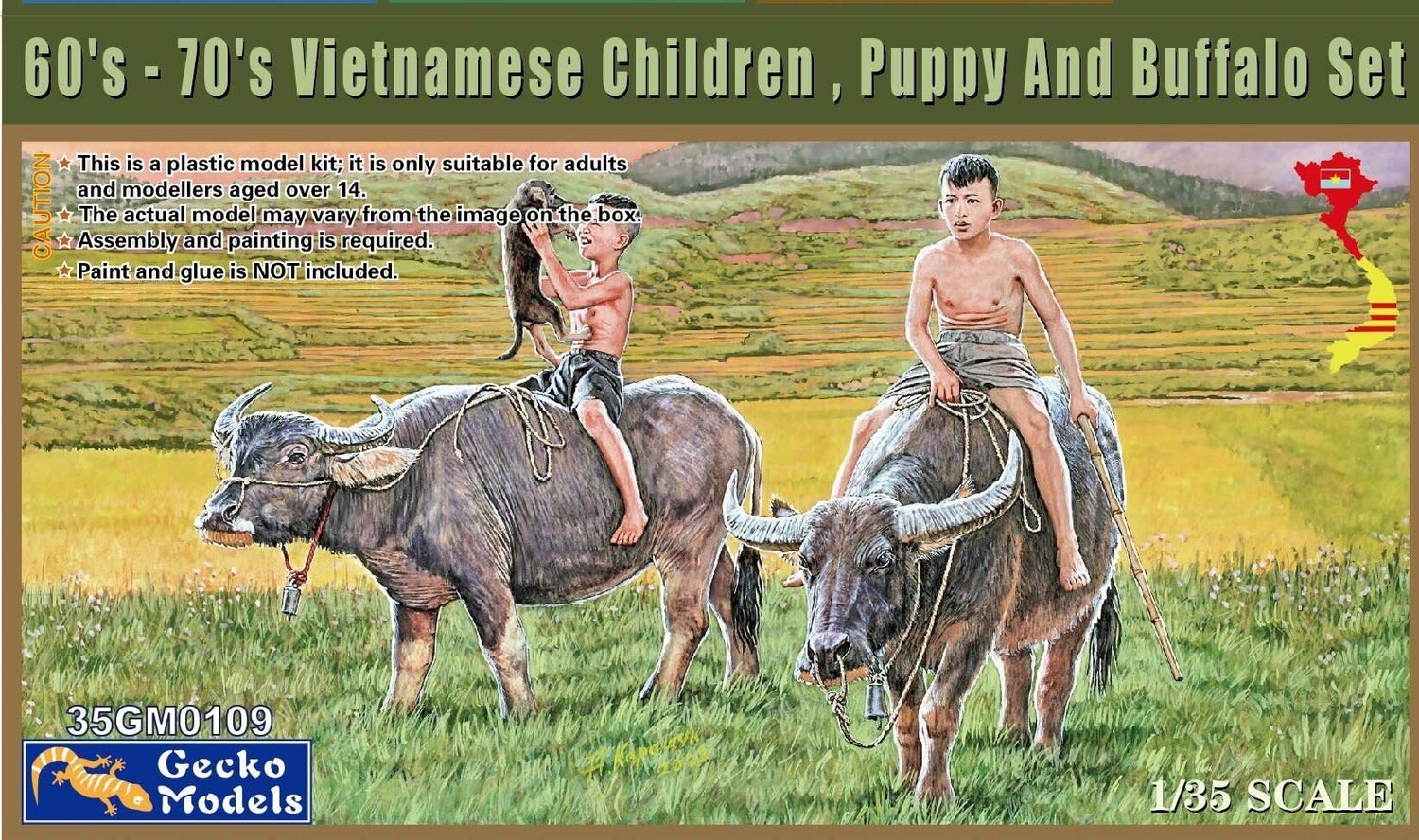 Gecko 1/35 60&#39;s - 70&#39;s Vietnamese Children, Puppy And Buffalo Set