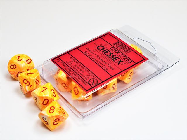 Festive 10D10 Sunburst and Red Dice Set