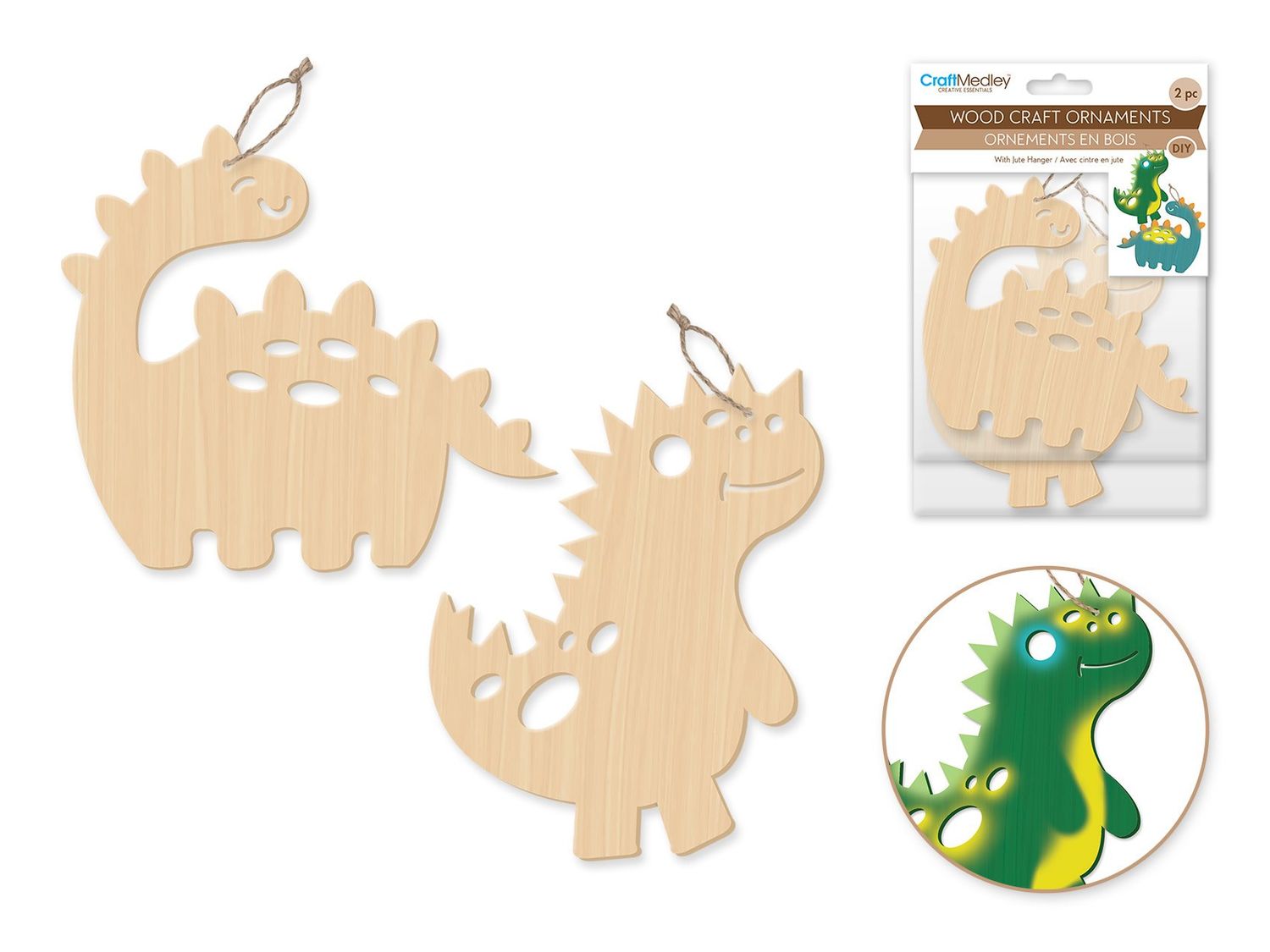 CraftMedley Assorted Wood Ornaments Dinosaur with Jute Cord Hanger 2pc