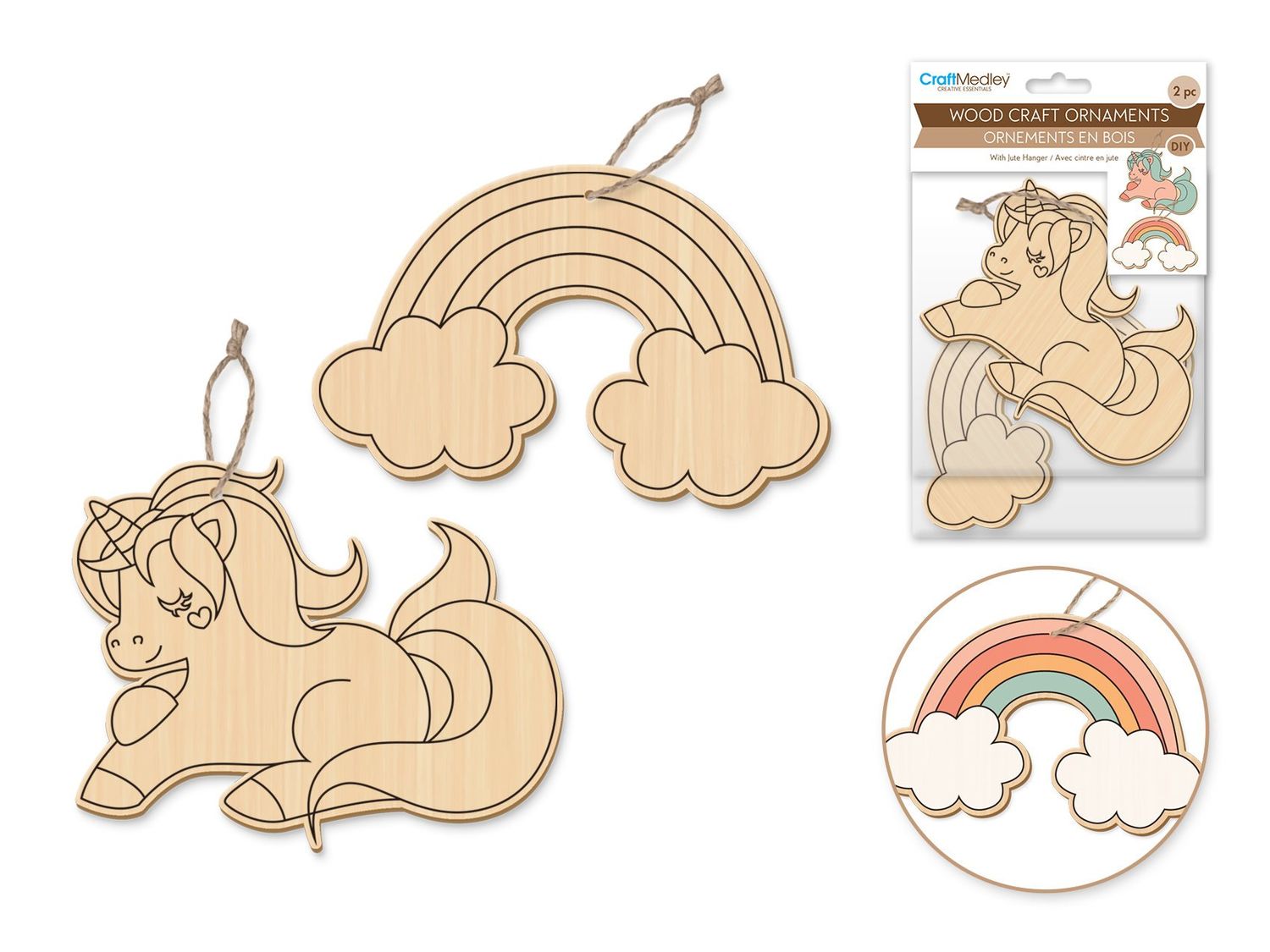 CraftMedley Assorted Wood Ornaments Unicorn with Jute Cord Hanger 2pc
