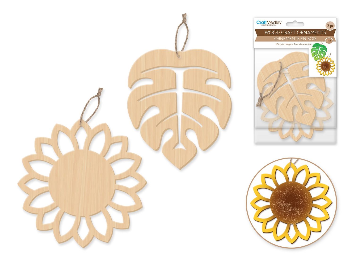 CraftMedley Assorted Wood Ornaments Floral with Jute Cord Hanger 2pc