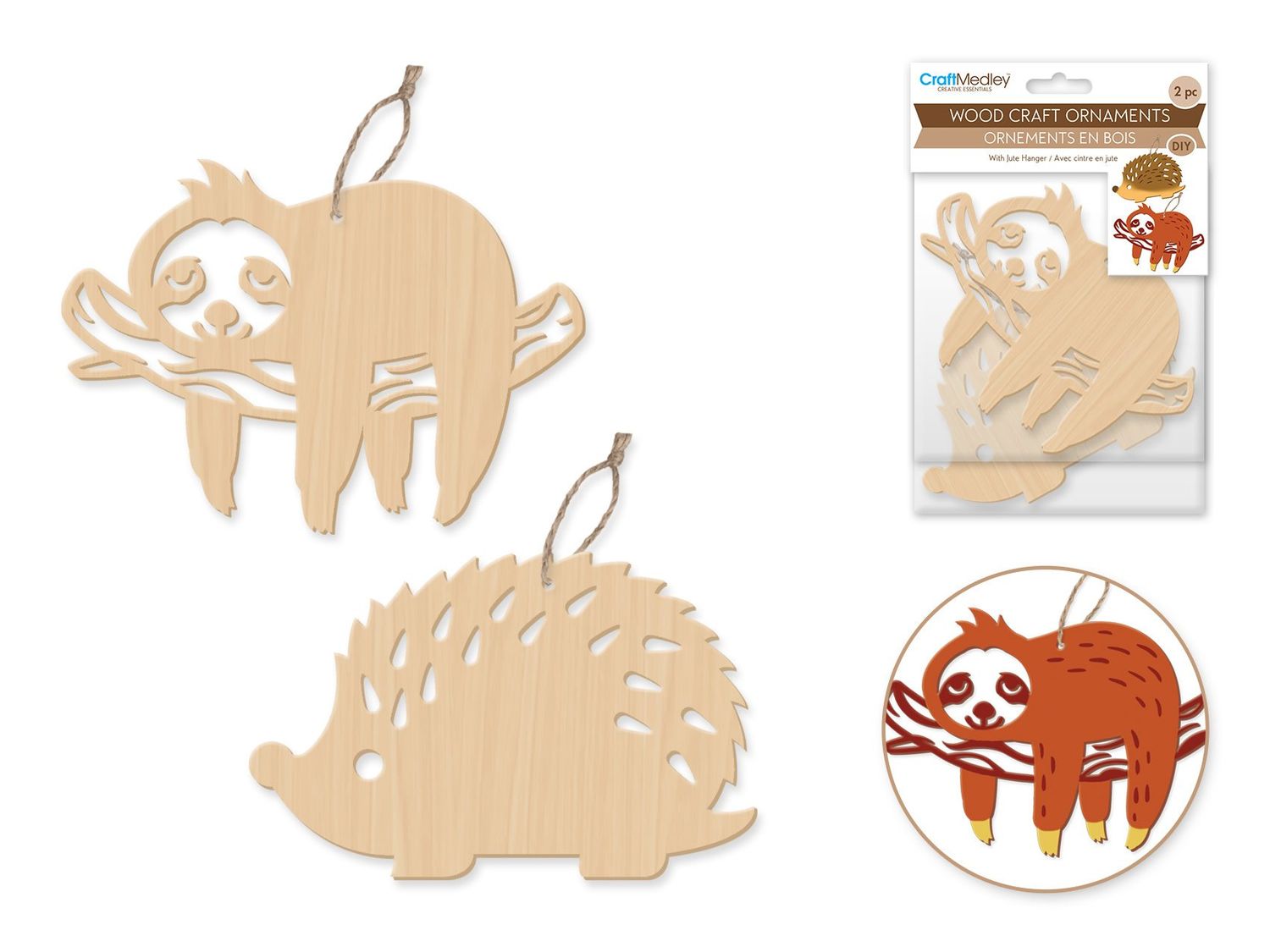 CraftMedley Assorted Wood Ornaments Creatures with Jute Cord Hanger 2pc