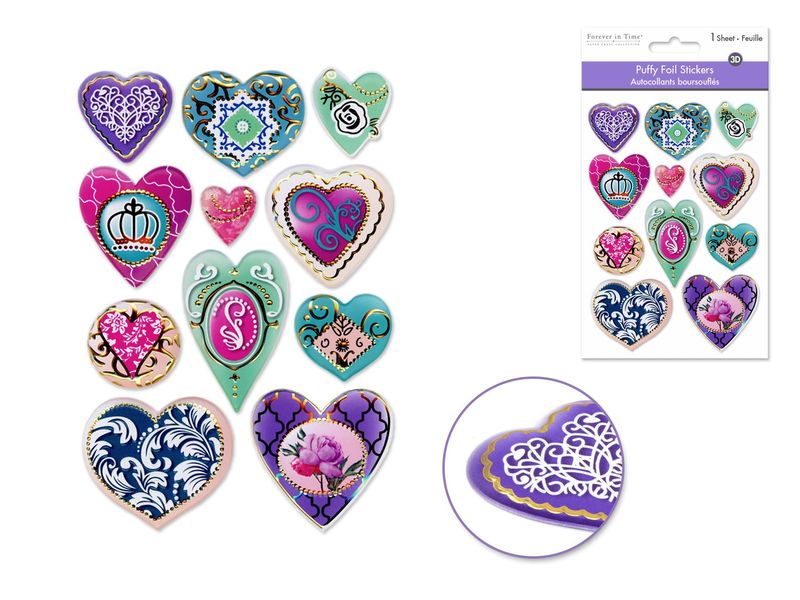Forever In Time Paper Craft 3D Stickers Foil Puffy Fancy Hearts 1 Sheet