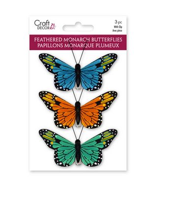 Craft Decor Feathered Monarch Butterflies with Gator Clips Glam 3pc