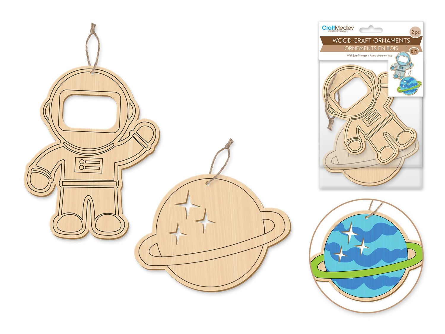 CraftMedley Assorted Wood Ornaments Outer Space with Jute Cord Hanger 2pc