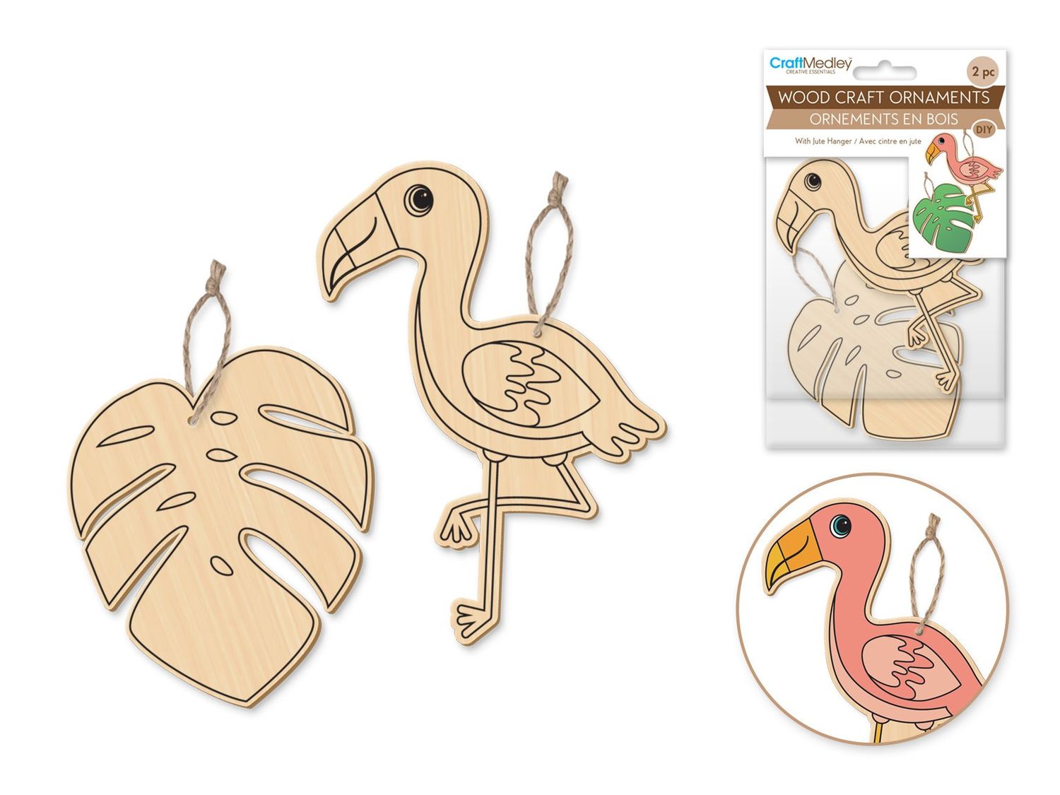 CraftMedley Assorted Wood Ornaments Tropicana with Jute Cord Hanger 2pc