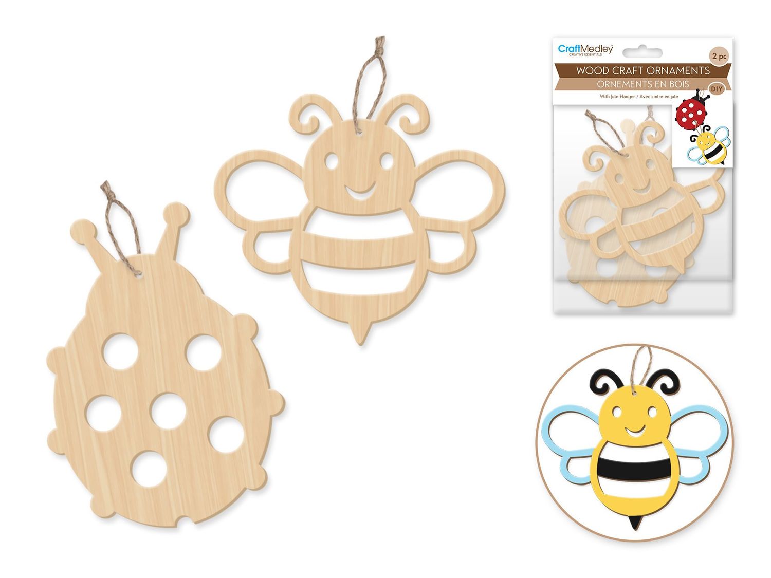 CraftMedley Assorted Wood Ornaments Bugs with Jute Cord Hanger 2pc
