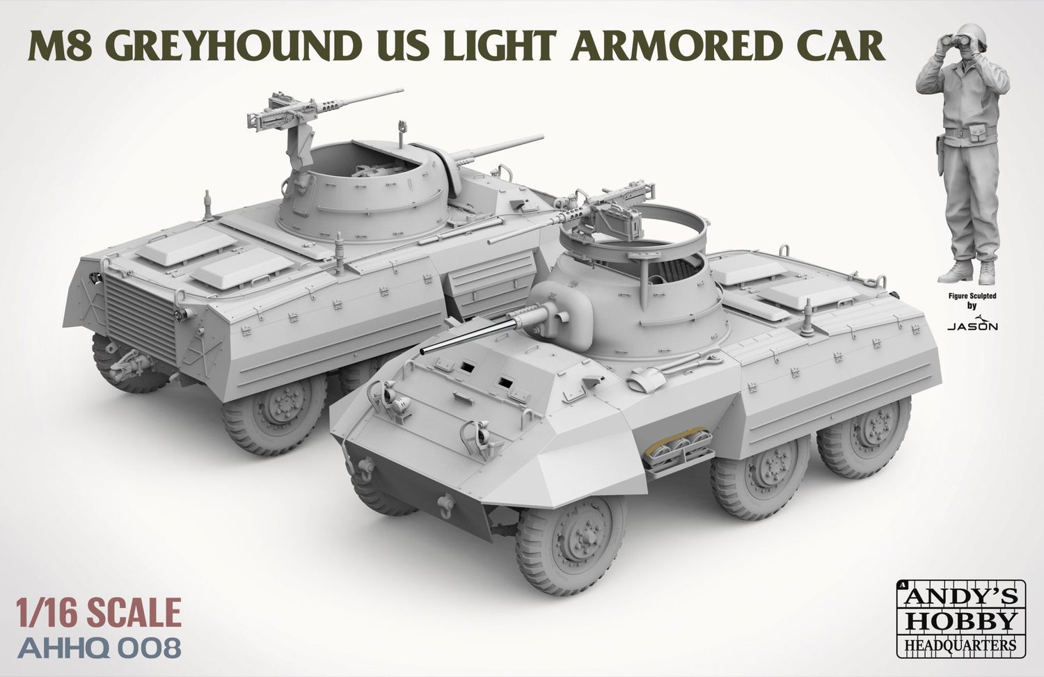 Andy's HHQ 1/16 M8 Greyhound US Light Armored Car includes metal barrel and full body figure