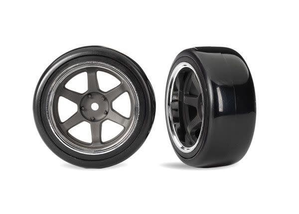Traxxas Tires &amp; wheels, assembled (six spoke graphite gray wheels w/chrome rim,Â 1.9" Drift tires (2 dots, soft, smooth surfaces)) (front) (2)