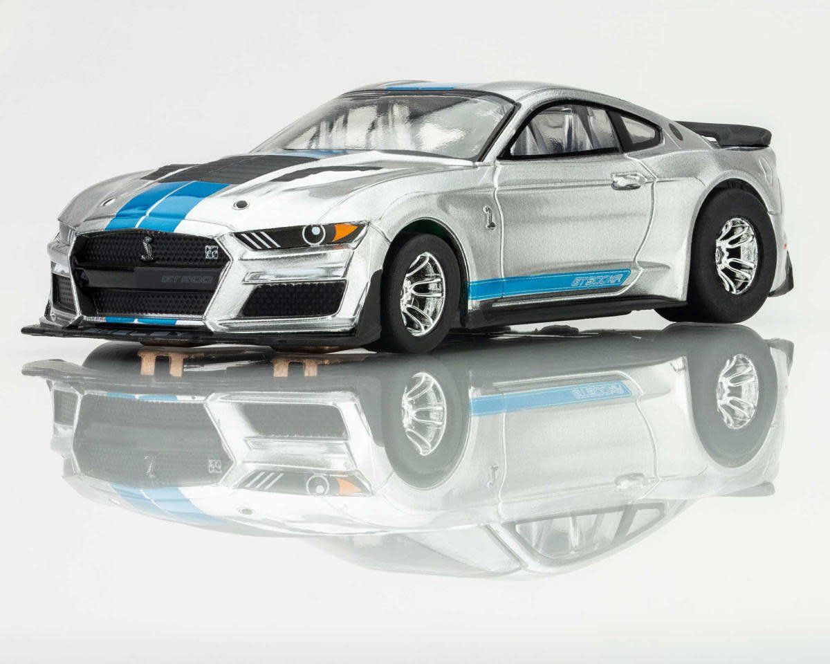 AFX Shelby Mustang GT500KR HO Scale Slot Car (Silver/Blue) (LWB) (Mega G+)