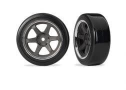Traxxas Tires &amp; wheels, assembled (six spoke graphite gray wheels w/chrome rim 1.9" Drift tires (2 dots, soft, smooth surfaces)) (wide, rear) (2)