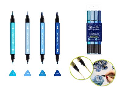 Colorfactory Metallic Dual-Tip Markers Fine Brush Water Based Shades Of Blue 4pc