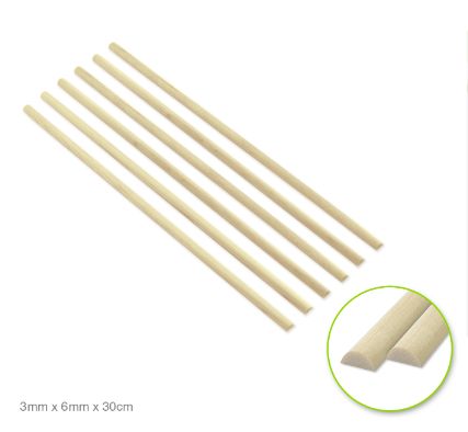 Krafty Kids Craftwood 3mm*6mm*30cm Long Natural Semi-Circle Dowel x6