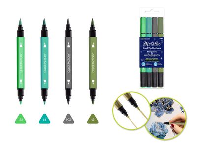 Colorfactory Metallic Dual-Tip Markers Fine Brush Water Based Verde 4pc