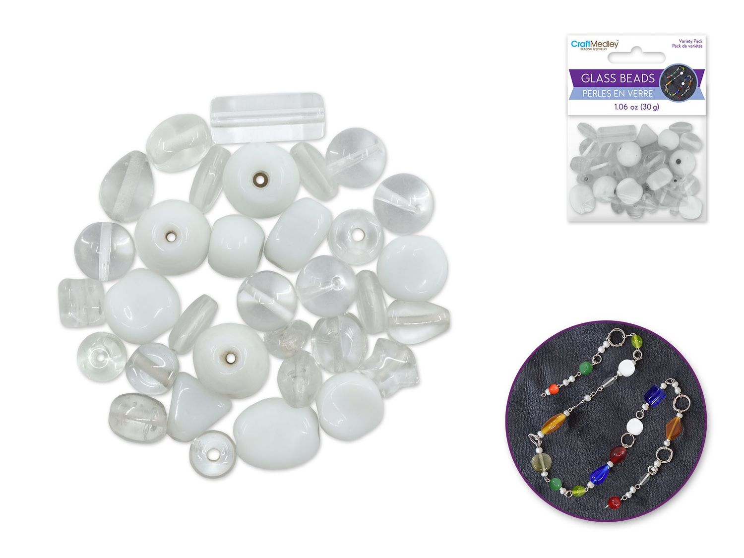 CraftMedley 8-14mm Glass Beads Handmade Lampwork Mix Pack White 30g