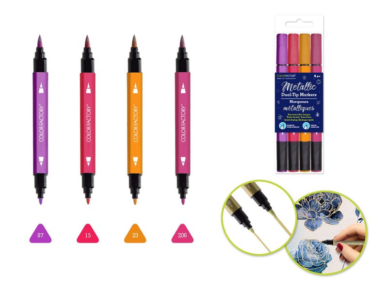 Colorfactory Metallic Dual-Tip Markers Fine Brush Water Based Fresh 4pc