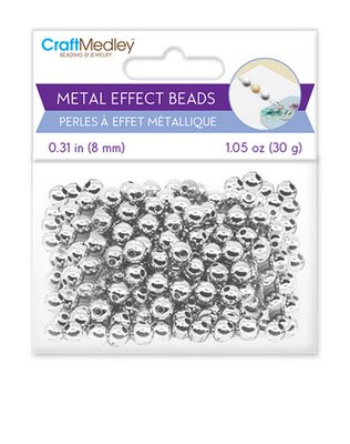 CraftMedley 8mm Metal Effect Beads Luster Electroplated Round Silver 30g