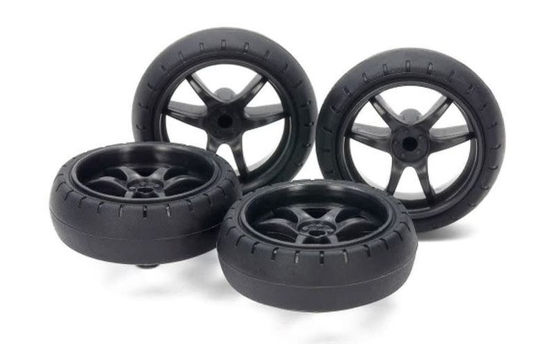 Tamiya Large Diameter Low Friction Arched Tires 31mm&amp;Carbon Wheels (V Spoke)