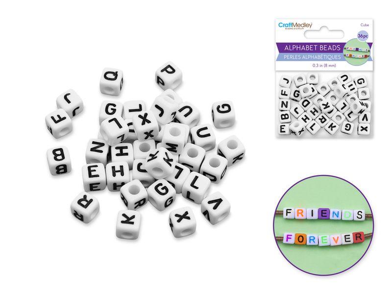 CraftMedley 8mm Alphabet Beads Cube 36ct White with Black Letter