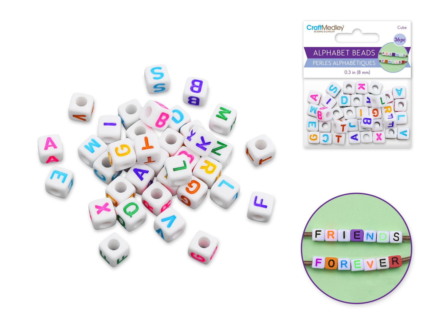 CraftMedley 8mm Alphabet Beads Cube 36ct White with Coloured Letters
