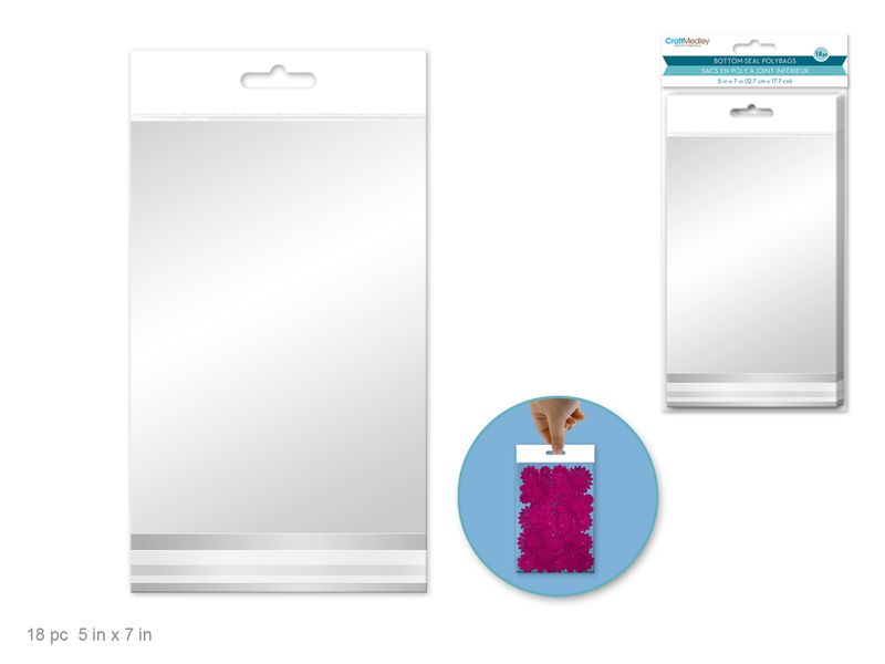 CraftMedley 5x7in Bottom-Seal OPP Polybags White Header 18pc