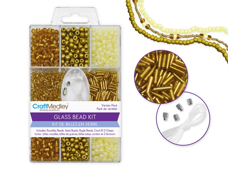 CraftMedley Glass Bead with Cord and Clasp Gold Kit 55-60g