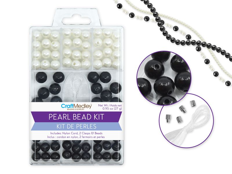 CraftMedley 8/10mm Gloss Pearl Beads with Cord and Clasps Classic Kit 27g