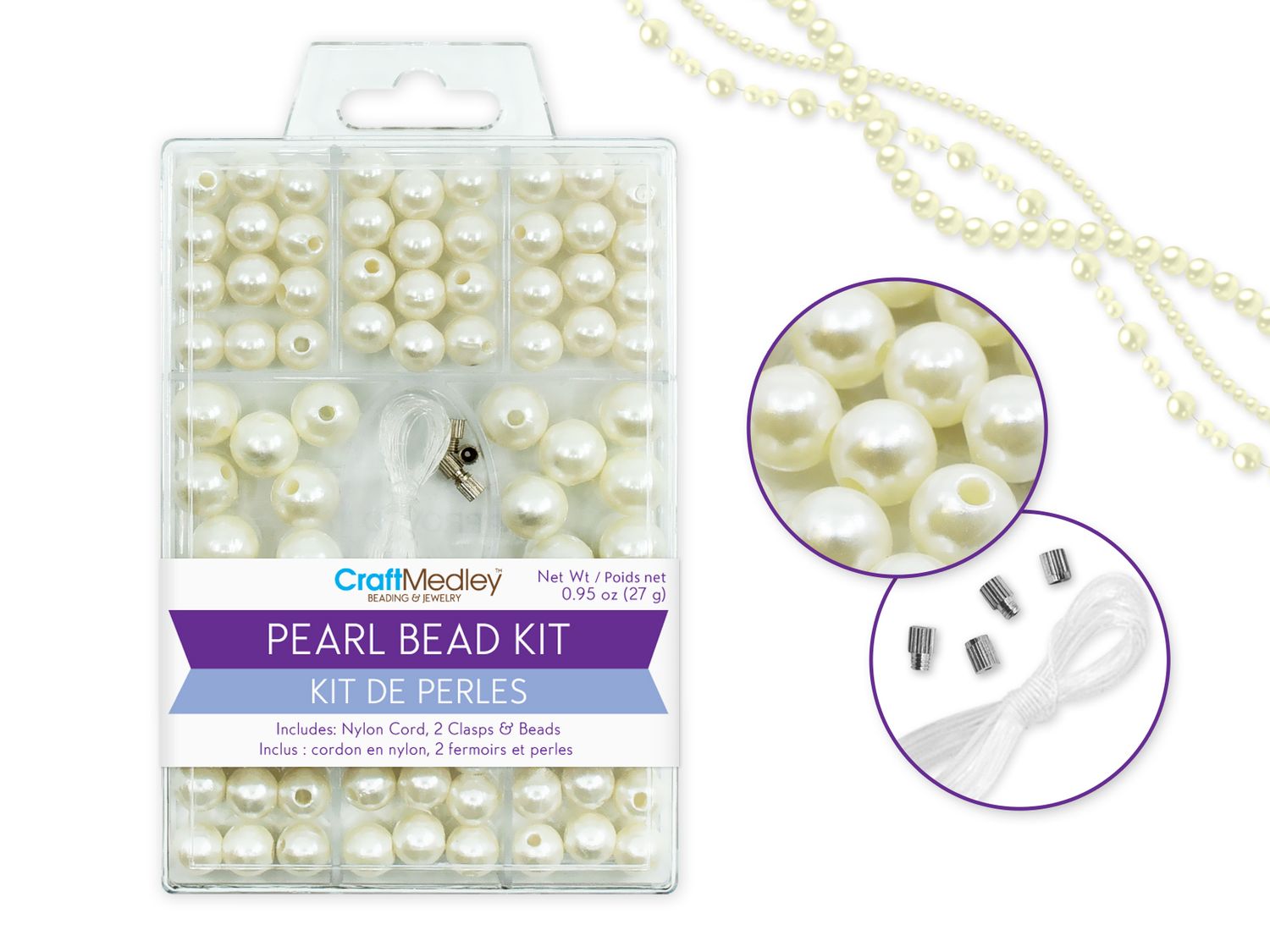 CraftMedley 8/10mm Gloss Pearl Beads with Cord and Clasps Ivory Kit 27g