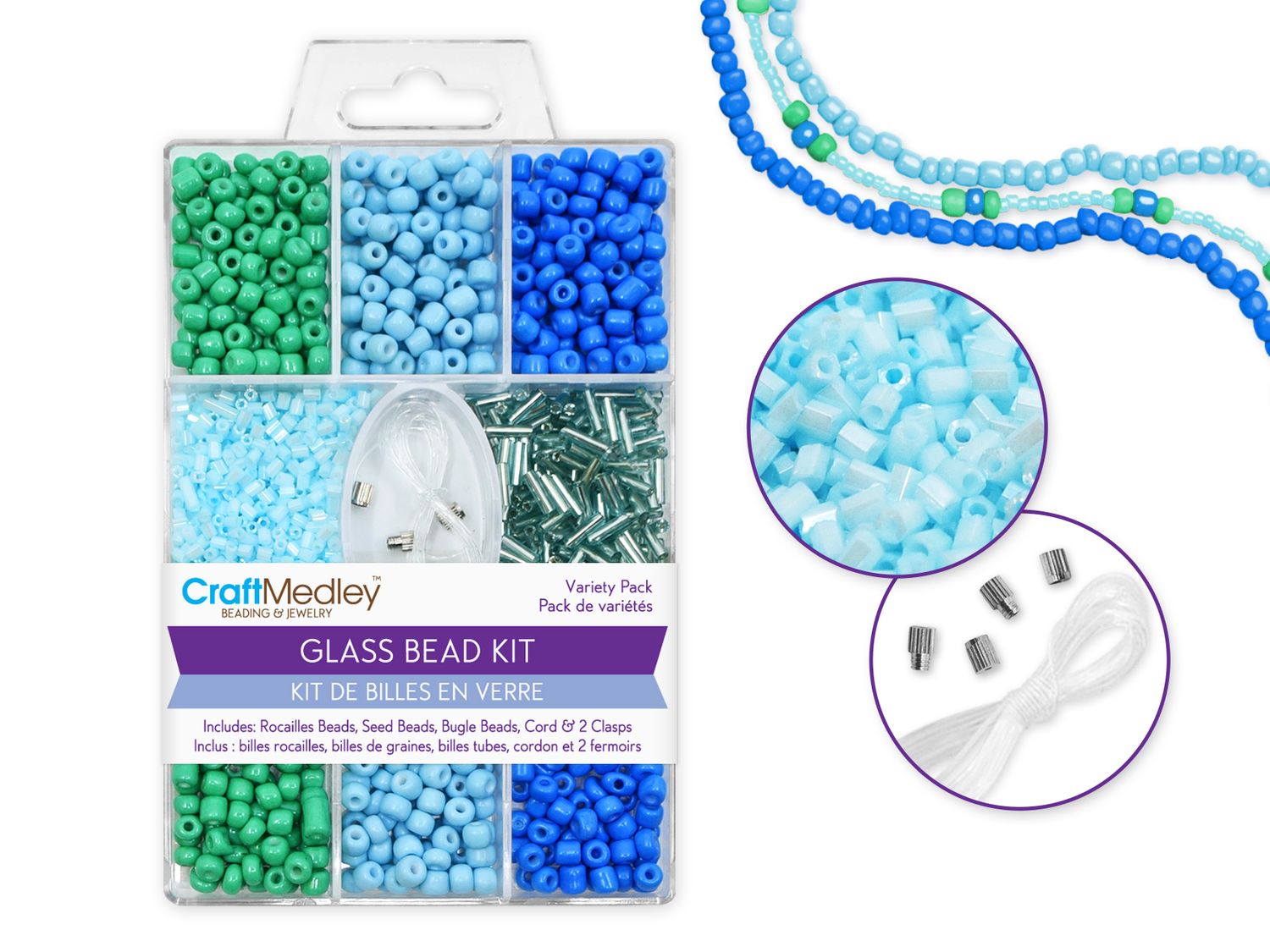 CraftMedley Glass Bead with Cord and Clasp Blue Kit 55-60g
