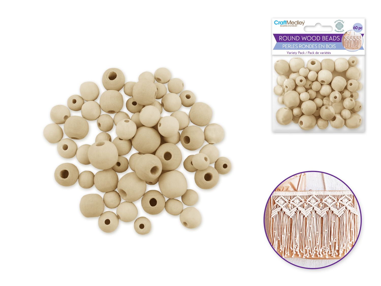 CraftMedley Craftwood: 10mm-16mm Asst Round Beads 60/pk Natural