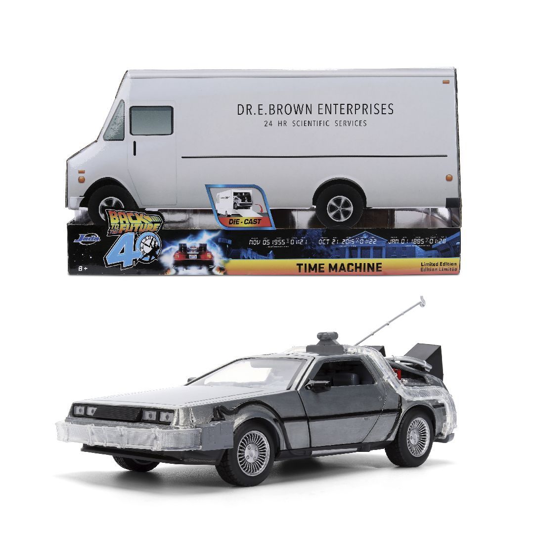 Jada 1/24 Hollywood Rides Back to the Future Time Machine with Dr E Brown Truck 40th Anniversary