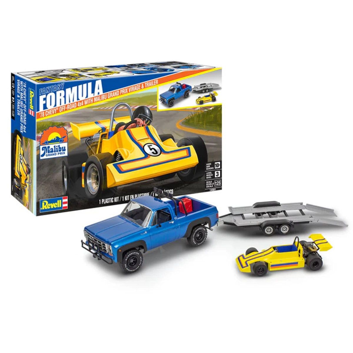 Revell 1/24 Chevy Off Road Pickup and Malibu Grand Prix Virage and Trailer Set