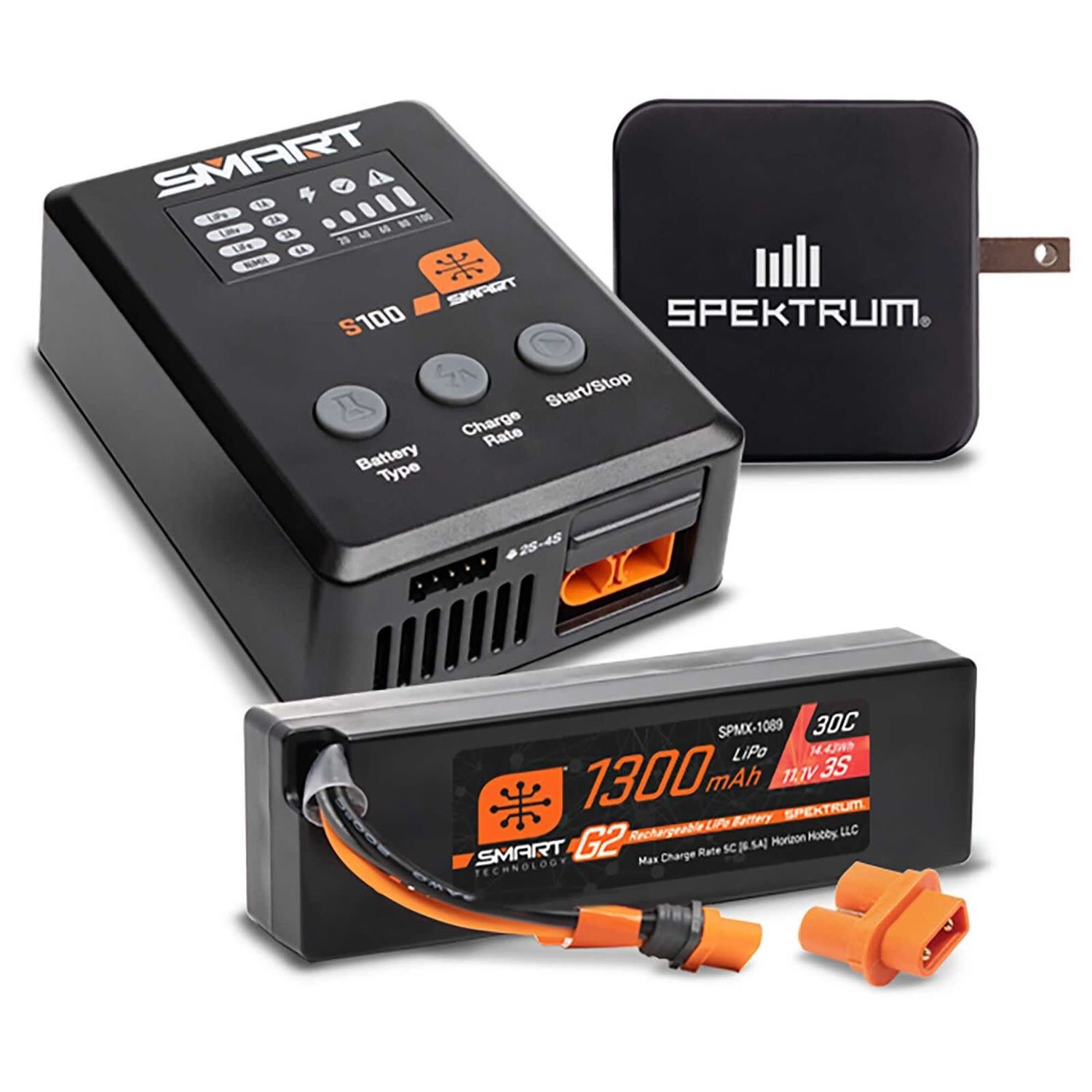 Spektrum 1300mAh 3S 30C IC2 LiPo Battery and 16W S100 Charger Smart Powerstage Bundle