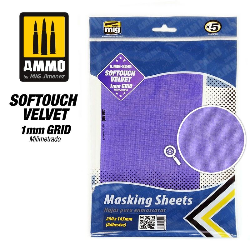 Ammo Mig Softouch Velvet 290x145mm with 1mm Grid Adhesive Masking Sheets 5pc