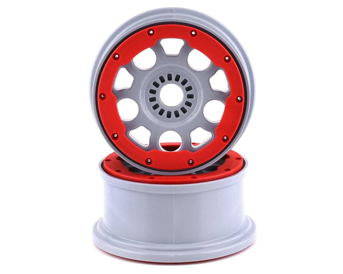 Team Losi Racing Front/Rear 1/5 Wheels Silver with Red Beadlock and 24mm Hex 2pc