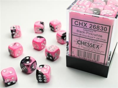 Chessex Gemini 12mm 36D6 Dice Set Black-Pink/White