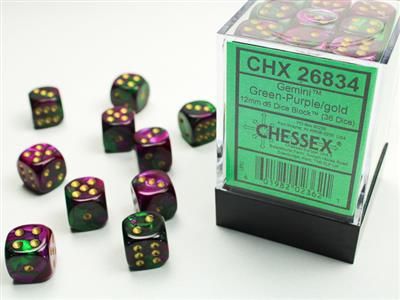 Chessex Gemini 12mm 36D6 Dice Set Green-Purple/Gold