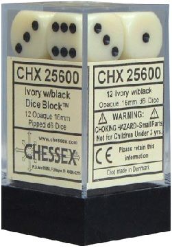 Chessex Opaque 16mm 12D6 Dice Set Ivory/Black