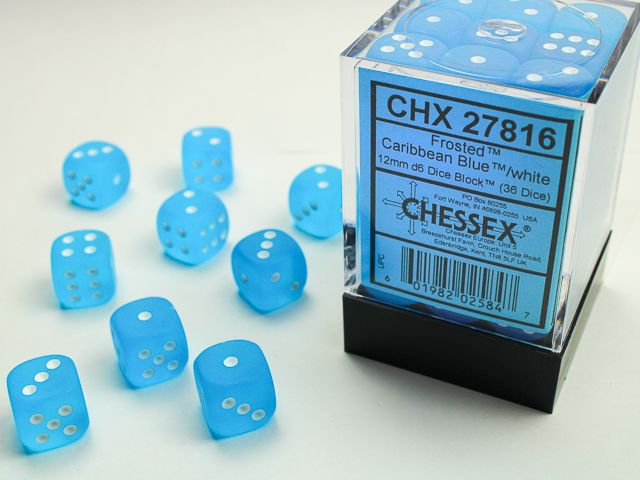 Chessex Frosted 12mm 36D6 Dice Set Caribbean Blue/White