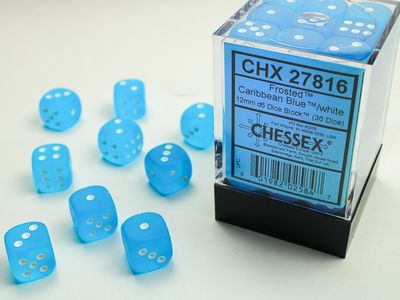 Chessex Frosted 12mm 36D6 Dice Set Caribbean Blue/White