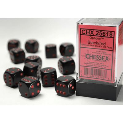 Chessex Opaque 16mm 12D6 Dice Set Black/Red