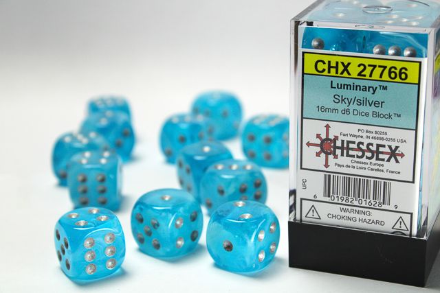 Chessex Luminary 16mm 12D6 Dice Set Sky with Silver