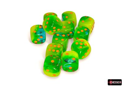 Chessex Gemini 12mm 12D6 Dice Set Plasma Green-Teal/Orange Luminary