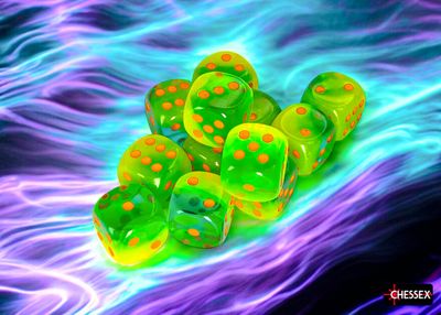 Chessex Gemini 12mm 12D6 Dice Set Plasma Green-Teal/Orange Luminary