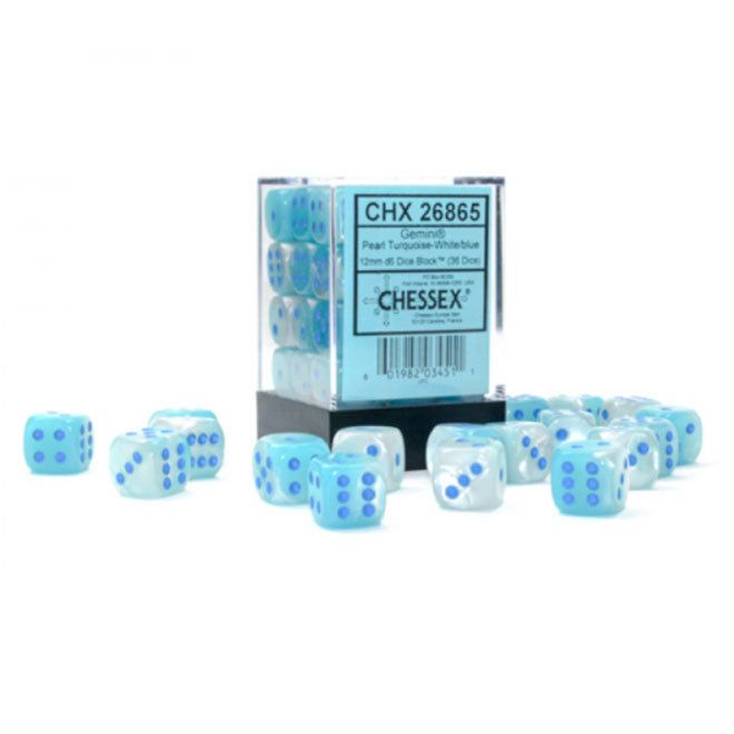 Chessex Gemini 12mm 36D6 Dice Set Turquoise White/Blue Luminary