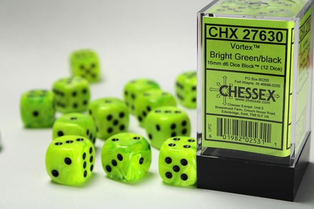 Chessex Vortex 16mm 12D6 Dice Set Bright Green/Black