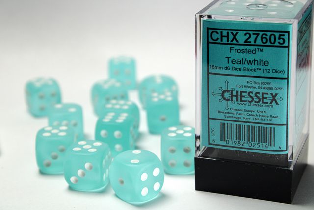 Chessex Frosted 16mm 12D6 Dice Set Teal/White